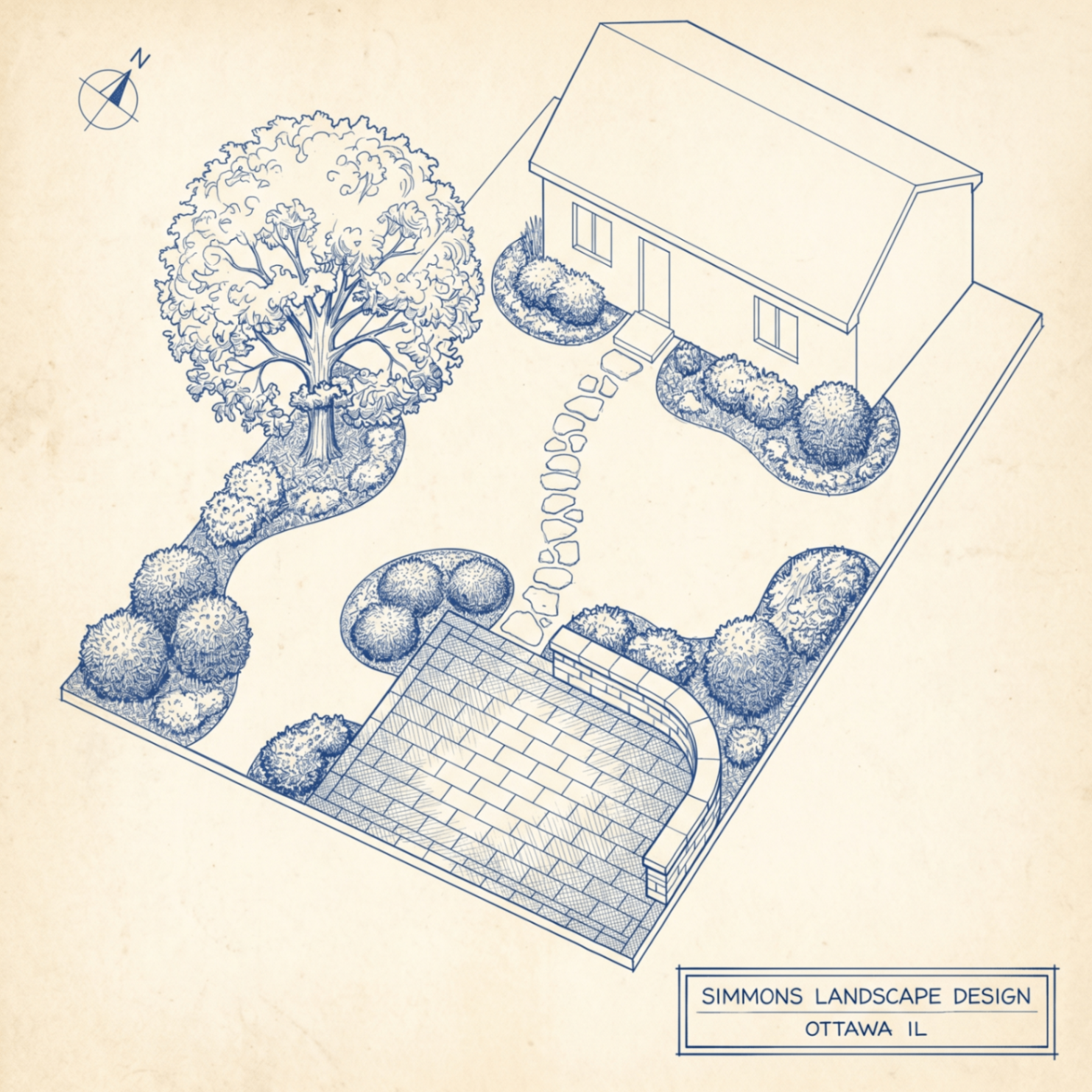 Hand-drafted isometric site plan illustration in blueprint-blue ink on parchment cream, showing a residential backyard with a bluestone patio, a curved stacked-limestone bench wall, planting beds, a mature oak, and a flagstone stepping path. A small corner title block reads Simmons Landscape Design, Ottawa IL. A small north arrow in the opposite corner.
