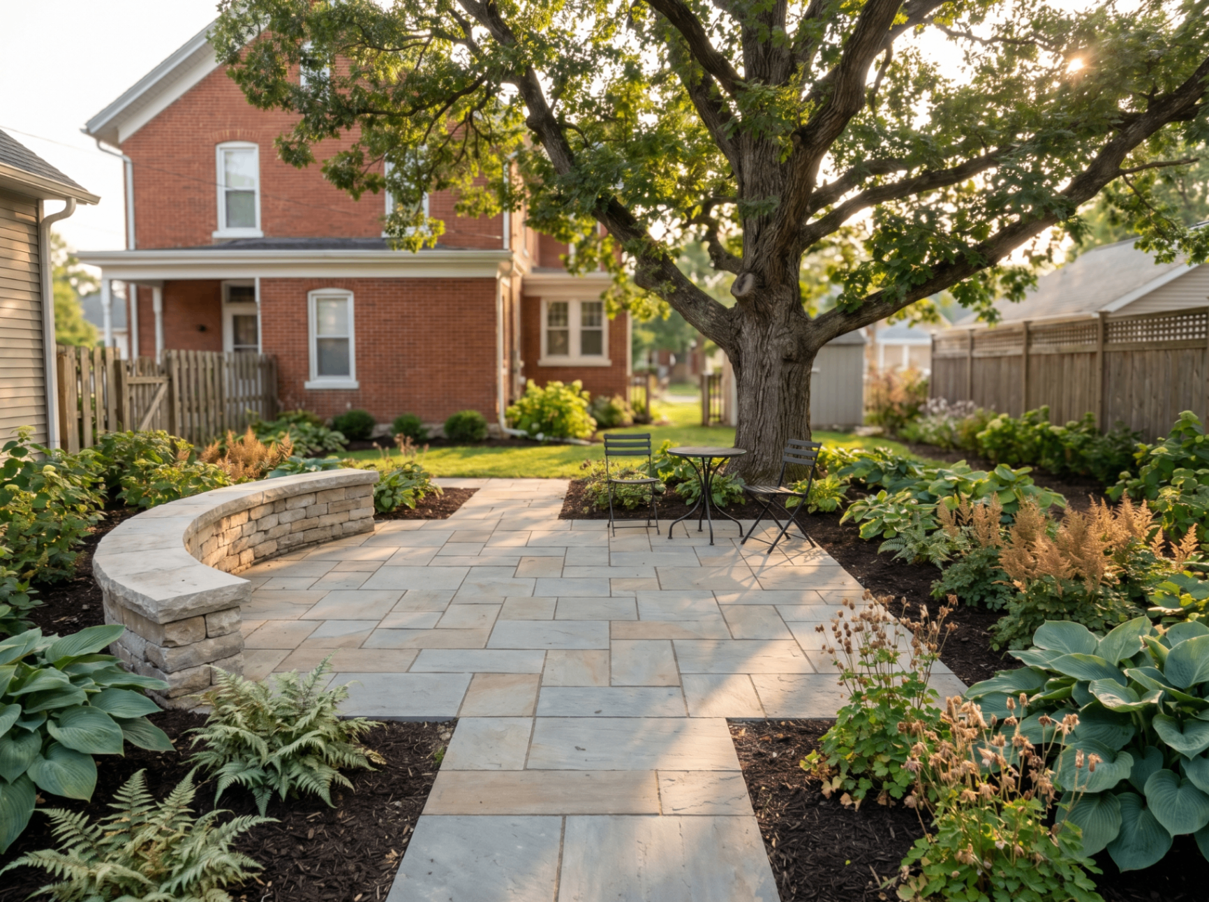 Ottawa Jefferson Street courtyard, a bluestone patio in running bond under a mature oak with dappled summer light, a low curved stacked limestone bench wall on the left, shade perennials and hostas in surrounding beds, a red-brick historic house visible at the edge of the frame.