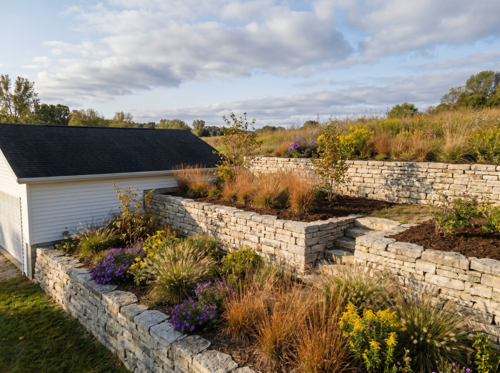 Utica slope terrace, three tiers of dry-stacked Illinois limestone retaining walls built into a restored hillside, native prairie plantings in full autumn color with copper little bluestem, purple asters, and goldenrod, a white-sided detached garage at the edge of the frame, open Illinois Valley sky above.