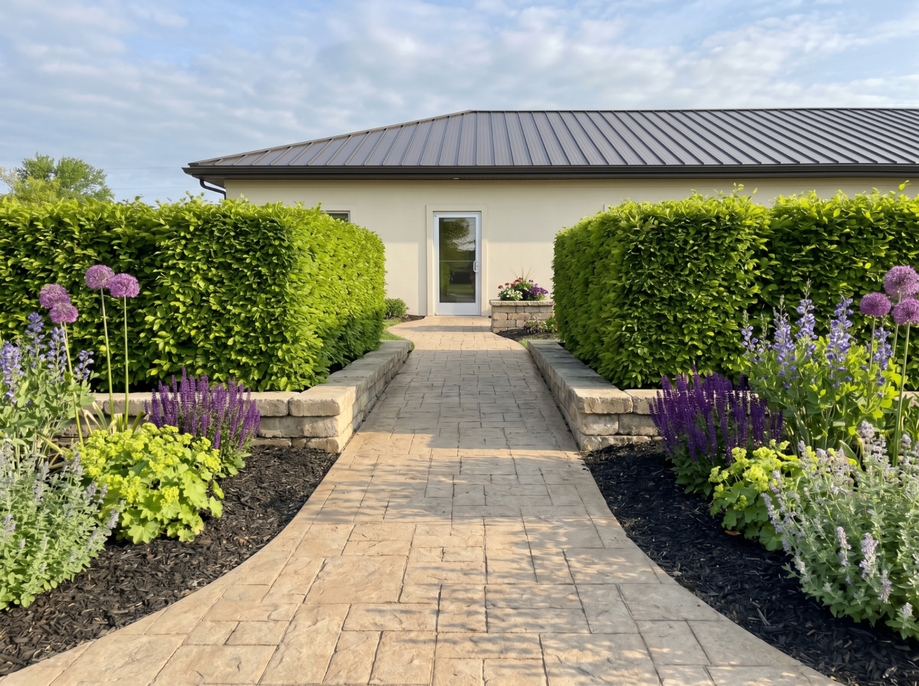 Peru commercial entry, two parallel formal rows of clipped hornbeam hedge flanking a stamped-concrete walkway, a low Illinois limestone wall running along the base of each hedge, a mixed perennial bed with purple alliums, salvia, and catmint on the outside edges, a cream-stucco building with a dark standing-seam metal roof at the back.