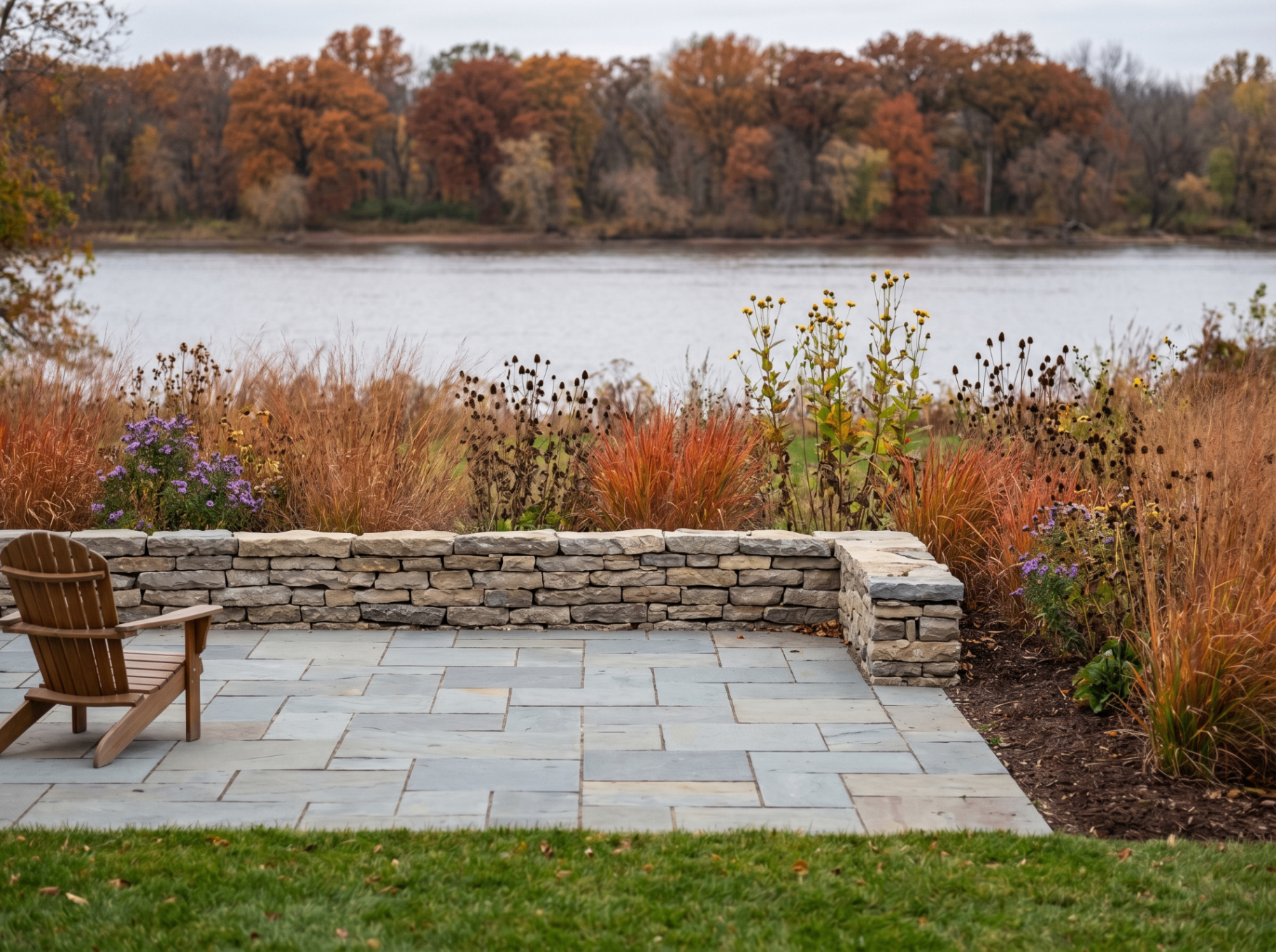 Marseilles riverfront, a reset bluestone patio with a single wood Adirondack chair in the foreground, a low dry-stacked Illinois fieldstone wall running across the mid-ground, a native buffer strip of switchgrass, cup plant, coneflower seed heads, and asters between the wall and the Illinois River, far-bank autumn trees in rust and orange across the water.